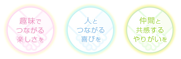 「趣味でつながる楽しさを」「人とつながる喜びを」「仲間と共感するやりがいを」「”直感”をプランニングする力」「”感動”をデザインする力」「”継続”をプログラミングする力」